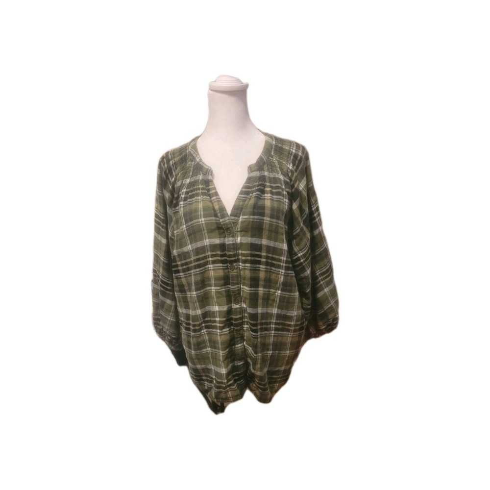 Time and Tru Women's 3/4 Sleeve 100% Cotton Plaid Green Smocked Top SZ XXXLarge - Picture 1 of 8